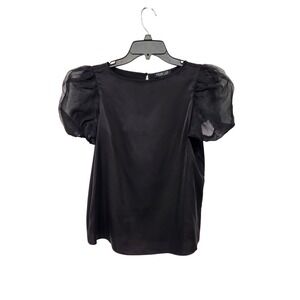 Rachel Zoe Black Silky Top Organza Puff Sleeve Blouse Keyhole Classic Women S